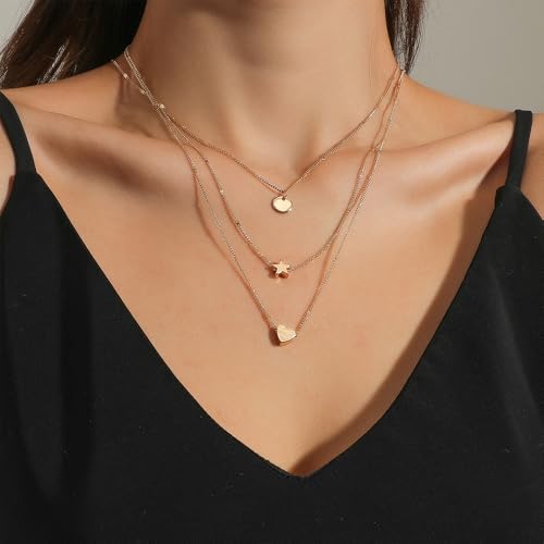 Layered Gold Heart Star Pendant Necklaces Set for Women Stackable Love Coin Chain Necklaces Adjustable Pentagram Choker Necklaces Jewelry Accessories