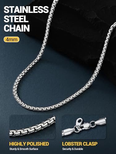 PROSTEEL Stainless Steel Flat Box Link Chain Necklace for Men | Silver/Black/18K Gold Plated,2/3/4/5/6/7/8mm Width Chain with Strong Lobster Clasp/Waterproof Men Women Jewelry with Gift Box - size: 24 inch(61cm), style: 4mm-Elegant Silver