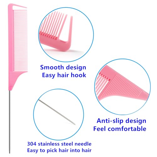 Luumxai 9pcs Topsy Hair Tail Tool and rat tail comb set,6pcs French Braiding Tool ring,3Pcs Metal Parting Combs,Woman Girl Hair Styling (Pink,Purple, Black) - color: Pink/Purple/Biack