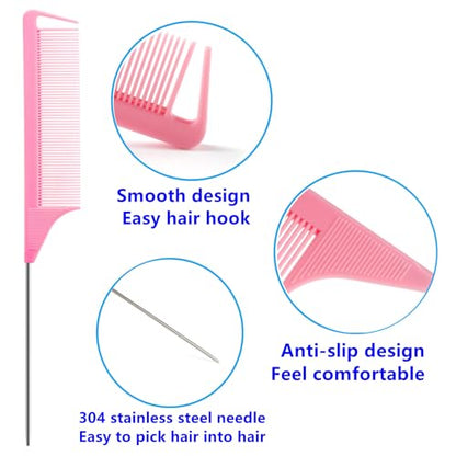 Luumxai 9pcs Topsy Hair Tail Tool and rat tail comb set,6pcs French Braiding Tool ring,3Pcs Metal Parting Combs,Woman Girl Hair Styling (Pink,Purple, Black) - color: Pink/Purple/Biack
