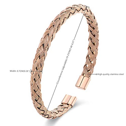 Stainless Steel Braided Cable Cuff Bangle Bracelet, Adjustable, Mens Womens, Minimalist - color: Rose Gold