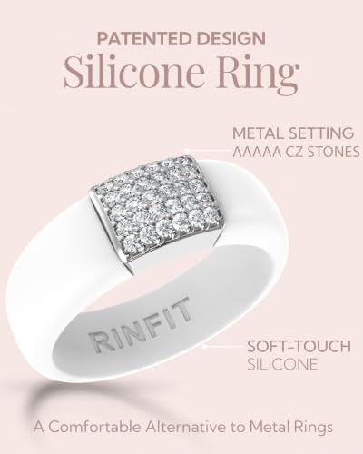 Rinfit Silicone Ring with Metal Plate & CZ for Women | AAAAA Grade Cubic Zirconia Stones, Flexible Rubber Wedding Band, Comfortable Fit, Engagement Ring for Her, Patented Design - color: Pack G: White and Silver