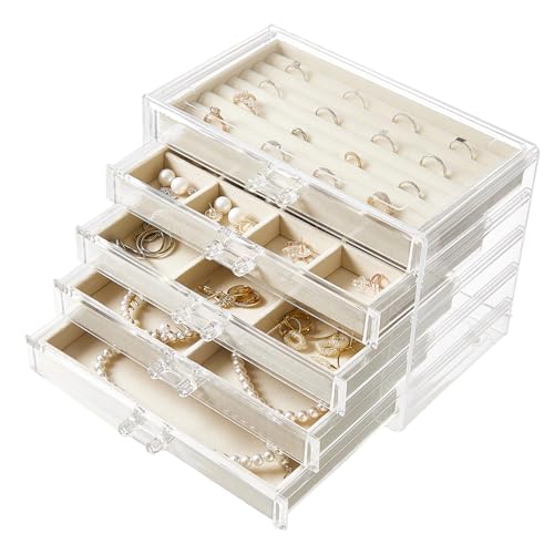 Acrylic Jewelry Box with 5 Drawers, Clear Earring Holder Organizer Rings Display Case with Adjustable Velvet Trays for Women Girls,Creamy-white - color: Creamy-white