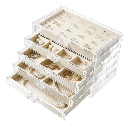 Acrylic Jewelry Box with 5 Drawers, Clear Earring Holder Organizer Rings Display Case with Adjustable Velvet Trays for Women Girls,Creamy-white - color: Creamy-white