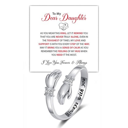 To My Daughter Hug Ring For Hope Rings, Inspirational Stainless Steel Engarved With Always With You Message Adjustable Ring for Women Non Tarnish Jewelry Gift for Her Birthday Christmas - color: CZ Alway With You