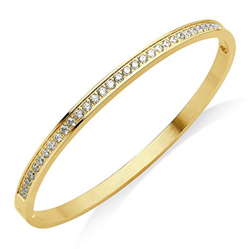 555Jewelry Womens Stainless Steel Fashion Cuff Hinged Lock Bangle Bracelet - color: Yellow Gold