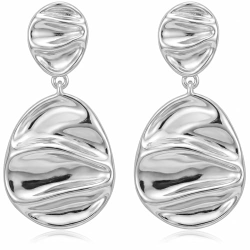 14K Gold Plated Texture Geometric Earrings, Simple Oval Hammered Hoop Drop Dangle Earrings for Women, Lightweight Dangly Minimalist Jewelry - color: Teardrop-Silver
