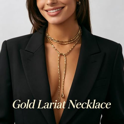 Long Pearl Necklaces for Women Layer Lariat Tie Necklace Adjustable Long Beaded Y Drop Choker Necklacess Bohemian Beach Wedding Party Jewelry Gifts - color: A-Gold