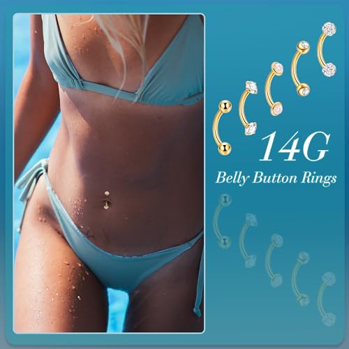 5PCS 14G 316L Stainless Steel Small Belly Button Rings for Women Tiny Simple Internally Threaded Navel Rings Hypoallergenic Petite CZ Opal Eyebrow Lip Daith Rook Piercing Jewelry 6-16MM - color: Gold, size: Bar Length：14MM ( long )