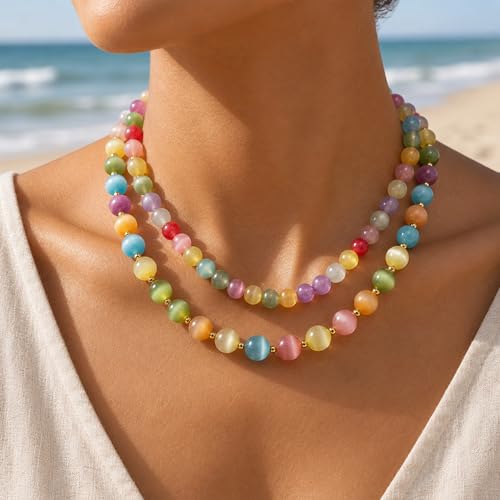 Dopamine Necklace UV Reactive Colorful Rainbow Beaded Necklace Dopamine Jewelry Set Color Changing Mood Necklaces Bracelet Earrings Summer Beach Vacation Gift for Women - color: B3：two necklace changing
