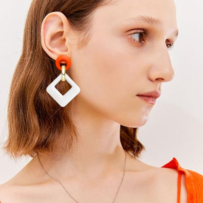 70s 80s Vintage Resin Neon Square Dangle Drop Earrings Simplicity Acrylic Hollow Round Circle Geometry Stud Earrings for Women - style: Orange White