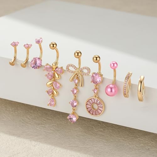 G&O JFU 9 Pcs Belly Button Ring Dangle Hypoallergenic Surgical Stainless Steel Heart Flower Pearl Bow Dangly Belly Rings for Women 14G Clicker Floating Navel Piercing Jewelry - color: Gold Pink