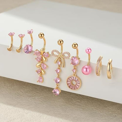 G&O JFU 9 Pcs Belly Button Ring Dangle Hypoallergenic Surgical Stainless Steel Heart Flower Pearl Bow Dangly Belly Rings for Women 14G Clicker Floating Navel Piercing Jewelry - color: Gold Pink