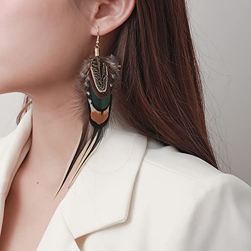 Bohemian Long Feather Earrings for Women Handmade Natural Dangle Tassel Jewelry - color: Style D
