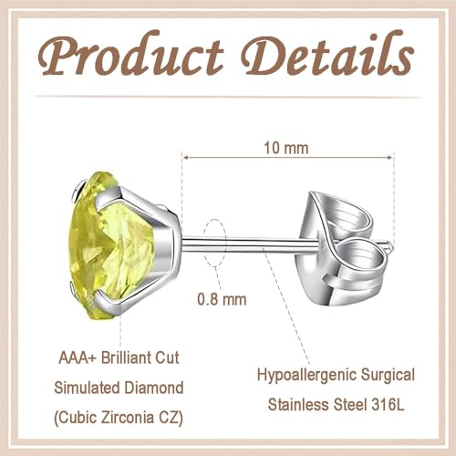12 Pairs Stud Earrings Set, Hypoallergenic Surgical Stainless Steel 316L Earring for Women Men, Small Earring Studs Pack with Cubic Zirconia - color: Yellow-6 Sizes-3，4，5，6，7，8