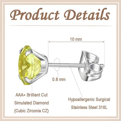 12 Pairs Stud Earrings Set, Hypoallergenic Surgical Stainless Steel 316L Earring for Women Men, Small Earring Studs Pack with Cubic Zirconia - color: Yellow-6 Sizes-3，4，5，6，7，8