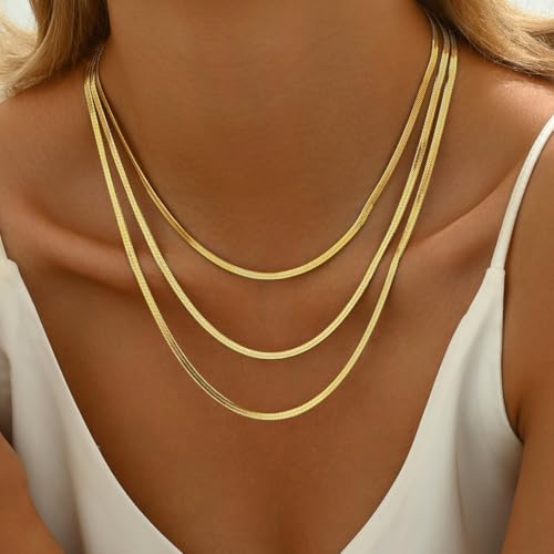 18K Gold Plated Layered Herringbone Necklaces for Women Dainty Layering Beaded Snake Chain Choker Moon Coin Pendant Necklace Trendy Stainless Steel Jewelry - color: Trible Herringbone-Gold