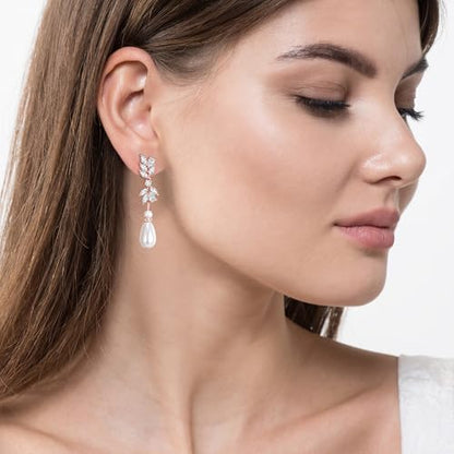 Crysdue Simulated Pearl Earrings for Women, Dainty Silver/Gold/Rose Gold Plated Cubic Zirconia Drop Dangle Earrings Wedding Jewelry for Bride Bridesmaid - style: H_Pearl, Silver