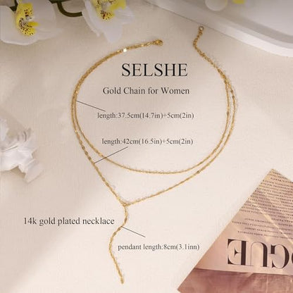 Layered Necklaces for Women,Dainty 14K Gold Plated Long Lariat Necklace Stack Simple Chain Pendant Necklace Fashion Accessories Long Necklaces for Women Trendy Gold Jewelry - color: Chain