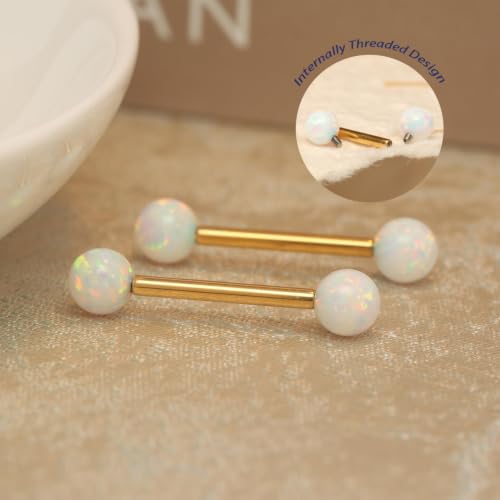 FUNLMO 1 Pair Nipple Piercing Jewelry Titanium Nipple Rings Internally Threaded Tongue Rings Bridge Piercing Jewelry Opal Nipple Barbells - color: Gold, White Opal Ball
