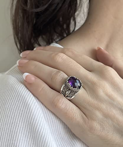 Filigranist 925 Sterling Silver Filigree Art Lace Embroidery Tulip Detailed Gemstone Women Cocktail Ring, Luxurious Gift Boxed - color: Amethyst