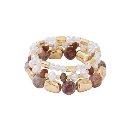 Boho Beaded Stretch Bracelets For Women Stackable Crystal Gold Plated Beaded Bracelets Set Trendy Handmade Friendship Braeclet Jewelry Gifts - color: L-Cracked stone 3pcs