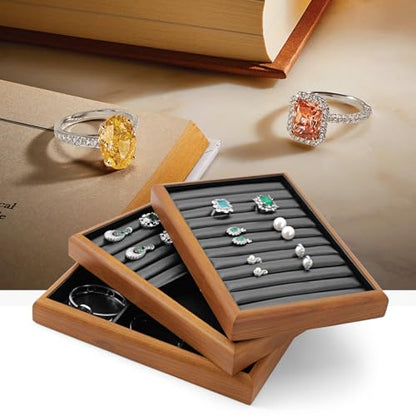 Oirlv Black Wood Jewelry Tray 6-Compartment | Black Solid Wood Frame, Soft Leather Lining, 9.84X17X1.18in, Holds Rings/Earrings/Bracelets, Sturdy and Attractive - color: Black, size: 6 grid