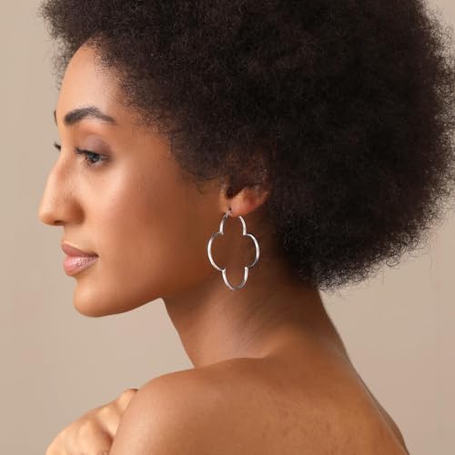 LeCalla 925 Sterling Silver Clover Hoop Earrings for Women | Lightweight Endless Clover Flower Shaped Earrings | Quatrefoil Open Hoop Earring Jewelry Gifts for Women - color: Clover Hoop - Silver 50MM(Large)