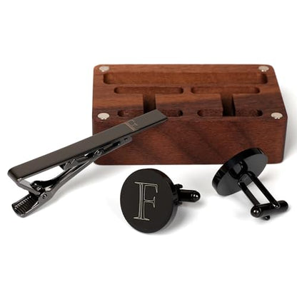 Mens Initial Cufflinks and Tie Clip A-Z Alphabet Letter Black Stainless Cuff Links Tie Bar with Engraved Walnut Wood Box Groom Groomsman Wedding Set - style: Classic-F