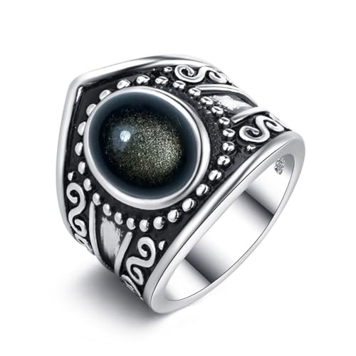 HAIXIAN Natural Black Obsidian Wide Band Ring,Retro S925 Sterling Silver Statement Thumb Index Chunky Band Ring,Cocktail Party Bohemian Ring Jewelry for Women