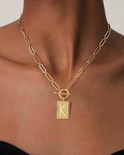 Tewiky Gold Initial Necklaces for Women, Square Letter Pendant Necklace | Toggle Clasp，Trendy 14K Gold Plated Dainty Paperclip Chain Necklaces for Women，Jewelry Gifts - style: Gold K