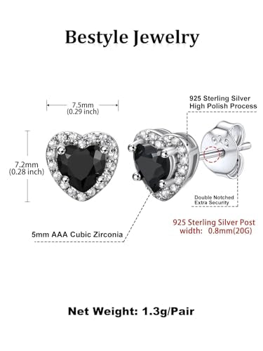 Bestyle Sparkling 925 Sterling Silver Birthstone Stud Earrings for Women, Heart/Round/Teardrop/Square Solitaire Diamond Studs Earrings, Great Birthday/Christmas Gifts - style: 00. Black Onyx-heart