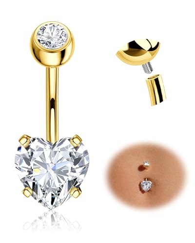 Tungary G23 Titanium Belly Button Rings for Women 14G Internally Threaded | Hypoallergenic Long Navel Piercing Jewelry, 3/8" Implant Grade Dangle Belly Button Piercing, 5A CZ, with Vacuum PVD Finish - color: Heart: 14K Gold Plated