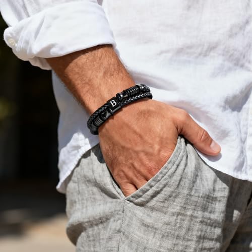 Initial Braided Leather Bracelets for Men - Double-Row Braided Mens Leather Bracelet Adjustable Wristband Initial Bracelet with Stainless Steel Clasp Unique Jewelry Gifts for Husband Dad Friend Son - color: Initial B