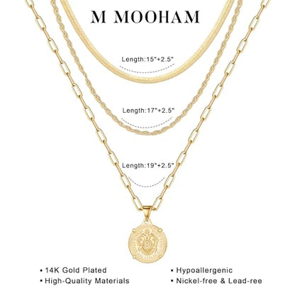 M MOOHAM Layered Gold Necklaces Stack for Women No Tarnish | 14K Gold Plated, Stackable Pendant Necklace Set, Snake Rope Cuban Paperclip Chain, CZ Coin Pendant, Dainty Jewelry Gifts - color: 3 Layered Snake Rope Coin Medallion Pendant-Gold