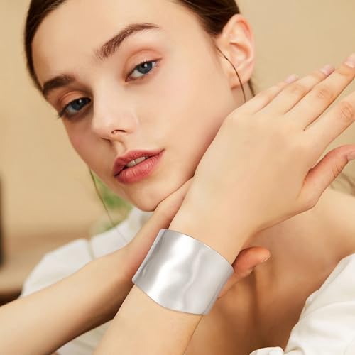 NICEIGHT 18K Gold Plated Chunky Bangle Bracelets for Women Gold Wide Cuff Bangle Bracelet Hammered Minimalist Thick Gold Wrist Wrap Bracelets - color: Silver Irregular Matte bracelet
