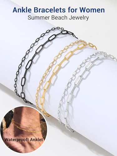 PROSTEEL Ankle Bracelets for Women, Silver/Gold/Black, Waterproof Anklets | Waterproof, Stainless Steel, Summer Beach Jewelry, Durable & No Tarnish, Come with Gift Box, 8-10.5" Adjustable, Plus Size - color: K: gold-paperclip chain(2pcs)
