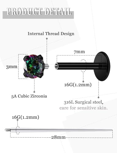18G 16G 14G Internally Threaded Nose Rings Studs Flat Back Earrings Surgical Steel CZ Nose Rings Stud Tragus Helix Conch Cartilage Earrings Stud Piercing Jewelry For Women Men Hypoallergenic - color: Black-Rainbow CZ, size: 16 Gauge-7mm Bar-3mm CZ
