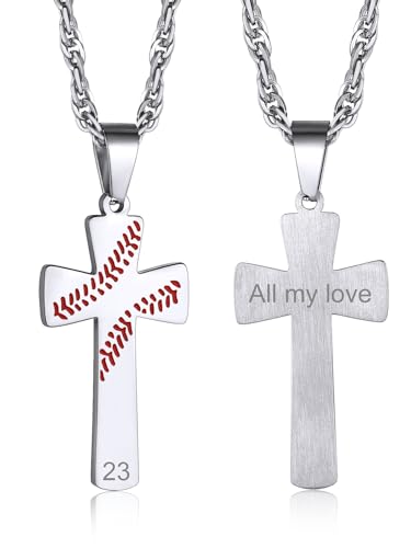 GOLDCHIC JEWELRY Sport Necklaces for Men Teen, Football Baseball Soccer Basketball Softball Necklaces with Stainless Steel Chain Athlete Jewelry Sports Fan Gift - color: Baseball Pattern Cross-Steel, style: Personalised Engraving