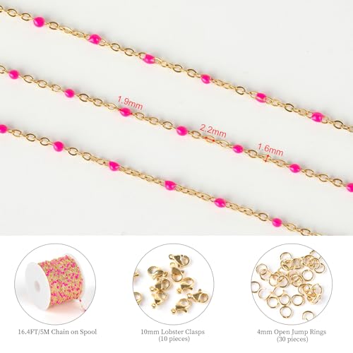 KYUNHOO 16.4 Feet/5M Rose Red Enamel Beaded Chain for Jewelry Making | Gold Plated Stainless Steel Chain Spool Cross Cable Link Chains Bulk with Lobster Clasps and Jump Rings - color: Gold-Rose-2mm