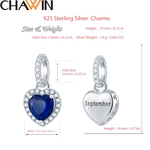 CHAWIN Birthstone Charms, 925 Sterling Silver Heart Dangle Charm, Sparkling CZ Compatible with Pandora Charm Bracelet, Necklace, Birthday Gifts for Women/Wife/Mother - style: 09# September