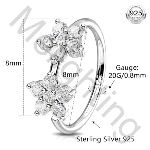 Melighting 20G Nose Ring Hoop 925 Sterling Silver Butterfly Flower Nose Hoop Seamless Open Helix Piercing Clear Double CZ 8 mm Cartilage Earring Nose Piercing for Women - color: Double Flower