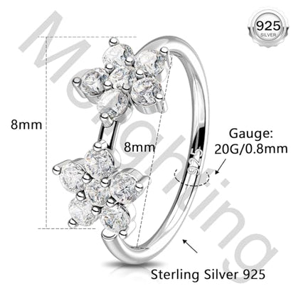 Melighting 20G Nose Ring Hoop 925 Sterling Silver Butterfly Flower Nose Hoop Seamless Open Helix Piercing Clear Double CZ 8 mm Cartilage Earring Nose Piercing for Women - color: Double Flower