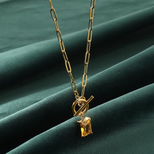 Diamond Necklaces for Women Natural Stone Paperclip Toggle Necklace 14K Gold Plated Emerald Birthstone Necklace for Women Paper Clip Chain Blue Green Cubic Zirconia Pendant Birthday Gifts for Women Mother Jewelry - color: 11. November(Citrine)