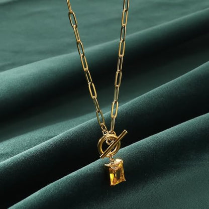 Diamond Necklaces for Women Natural Stone Paperclip Toggle Necklace 14K Gold Plated Emerald Birthstone Necklace for Women Paper Clip Chain Blue Green Cubic Zirconia Pendant Birthday Gifts for Women Mother Jewelry - color: 11. November(Citrine)