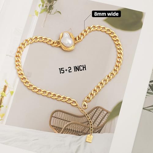 18k Gold Plated Chain Link Necklace for Women, Baroque Pearl/Compass Pendant Necklace - color: Pearl Choker