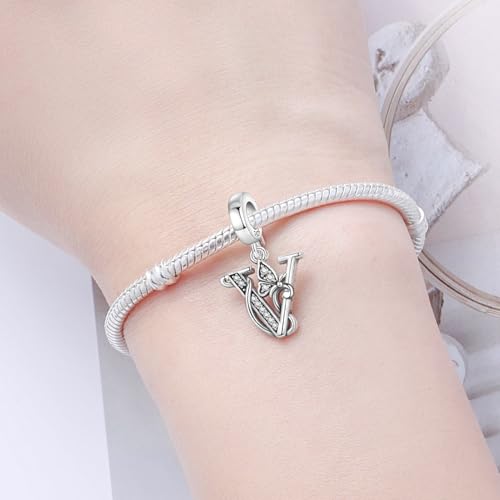 2 Pack 925 Sterling Silver Butterfly Letter Charms for Bracelets and Necklace Alphabet Initial Dangle Pendants Round Spacer Beads Pave Cubic Zirconia Jewelry Gift for Women - color: V Set