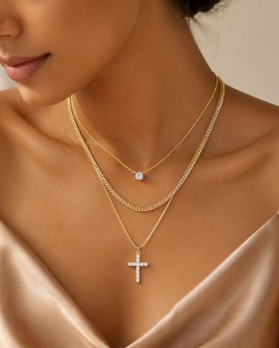 Gold Necklace Stack, Layered Gold Necklaces for Women Jewelry Set | 14K Gold Plated, Separate Chains, Pendant, Dainty, Non Tarnish, Delicate, Chain, Multi, Gift - color: 3 Layer-Cross Gold