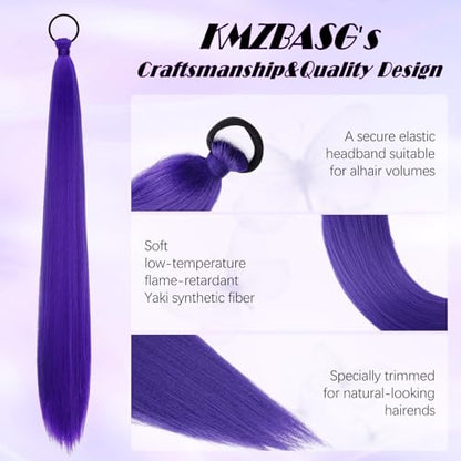 2 PCS Purple Ponytail Extension 26 Inch Yaki Straight Long Braided Ponytail Extension for Black Women and Girls 90g High Volume Synthetic Hairpieces for Everyday and Cosplay Includes 2 Ties and Clips - color: Purple