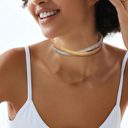 Chunky Gold Choker Necklace for Women, 14K Gold Plated Snake Chain Statement Necklace Triple Twsited Layered Choker Necklaces Jewelry Gifts - style: 2 LAYER/14K GOLD&SILVER